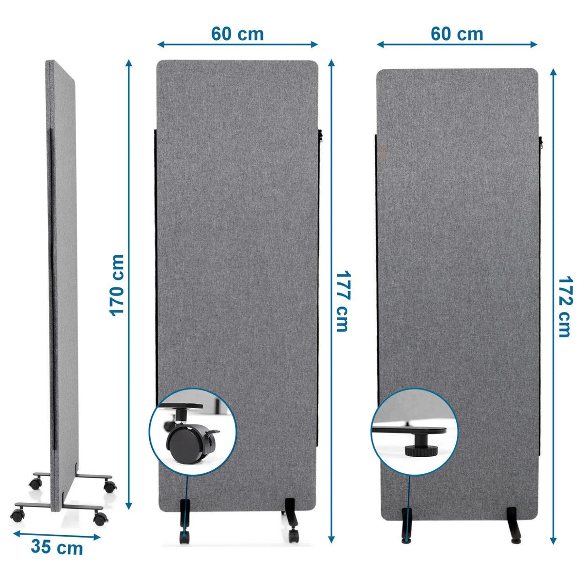 Maßzeichnung der Trennwand FLEXMIUT mit 177 × 60 cm und Rollen von hjh OFFICE