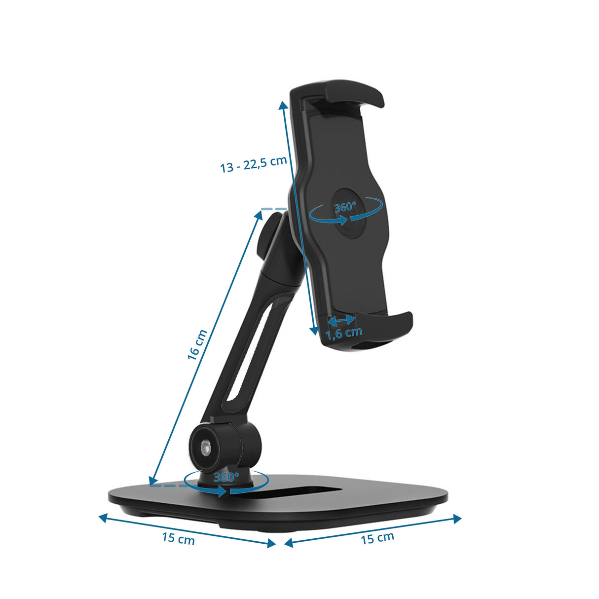 Maßzeichnung der Handy- und Tablet-Halterung FLEXMOBI IV mit 15 × 15 cm Basis von hjh OFFICE