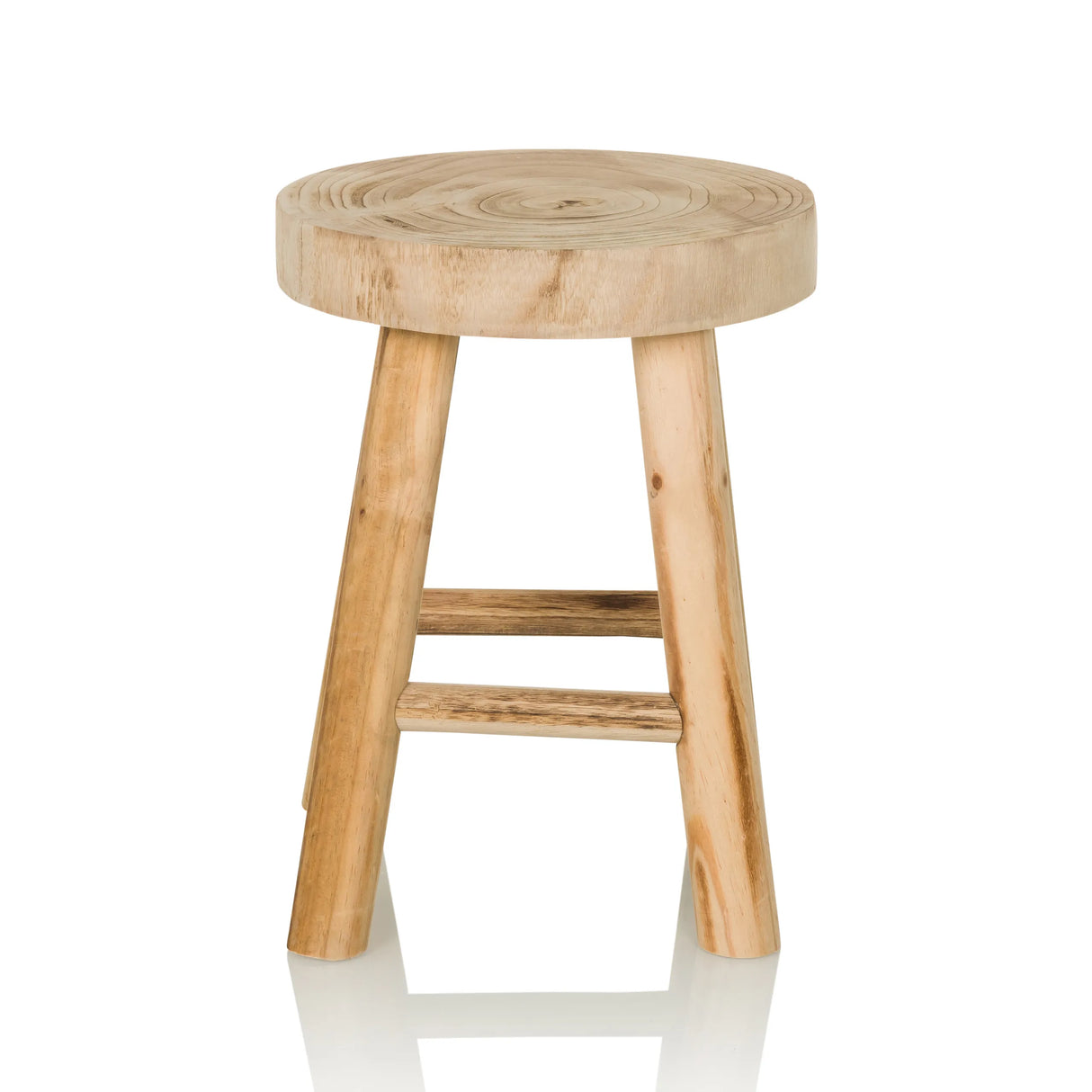 Brauner Sitzhocker RUSTIKO W aus Holz mit runder Sitzfläche und Querstreben von hjh LIVING – 360-Grad-Ansicht (Frontansicht 0°)