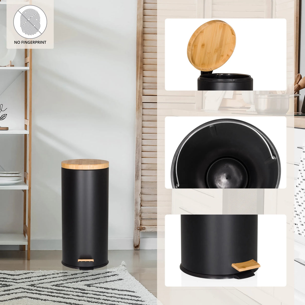 Mülleimer CLEAN BAMBOO in Schwarz matt mit Bambusdeckel, Innenbehälter und Fußpedal von hjh OFFICE