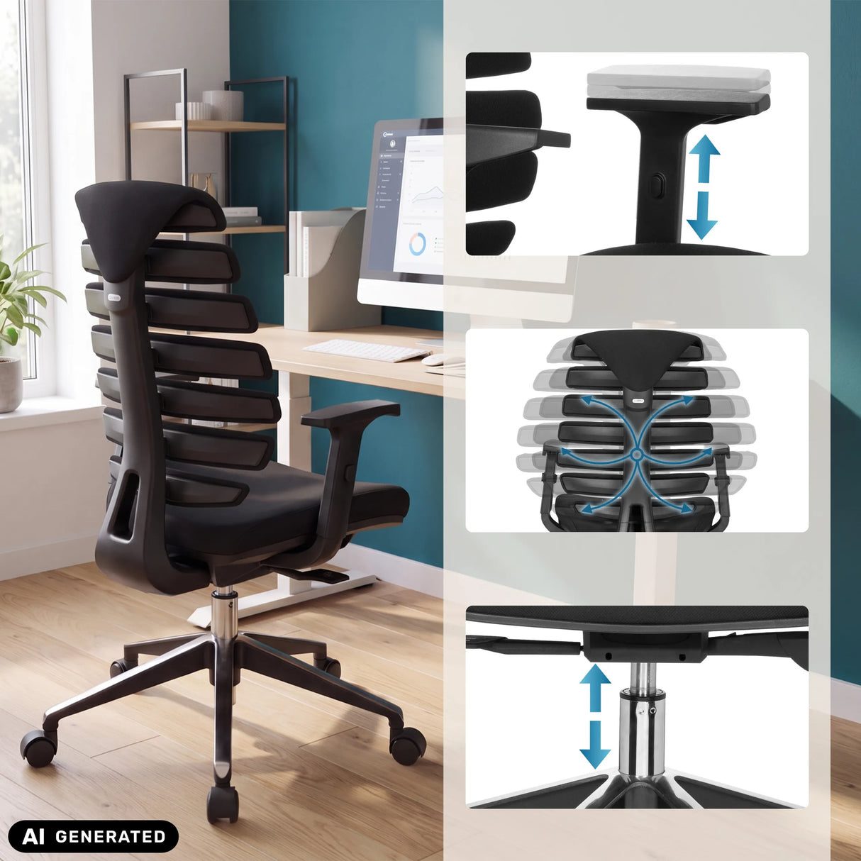 Verstellbare Funktionen des Profi-Bürostuhls ERGO LINE II in Schwarz von hjh OFFICE (KI-generiertes Bild)