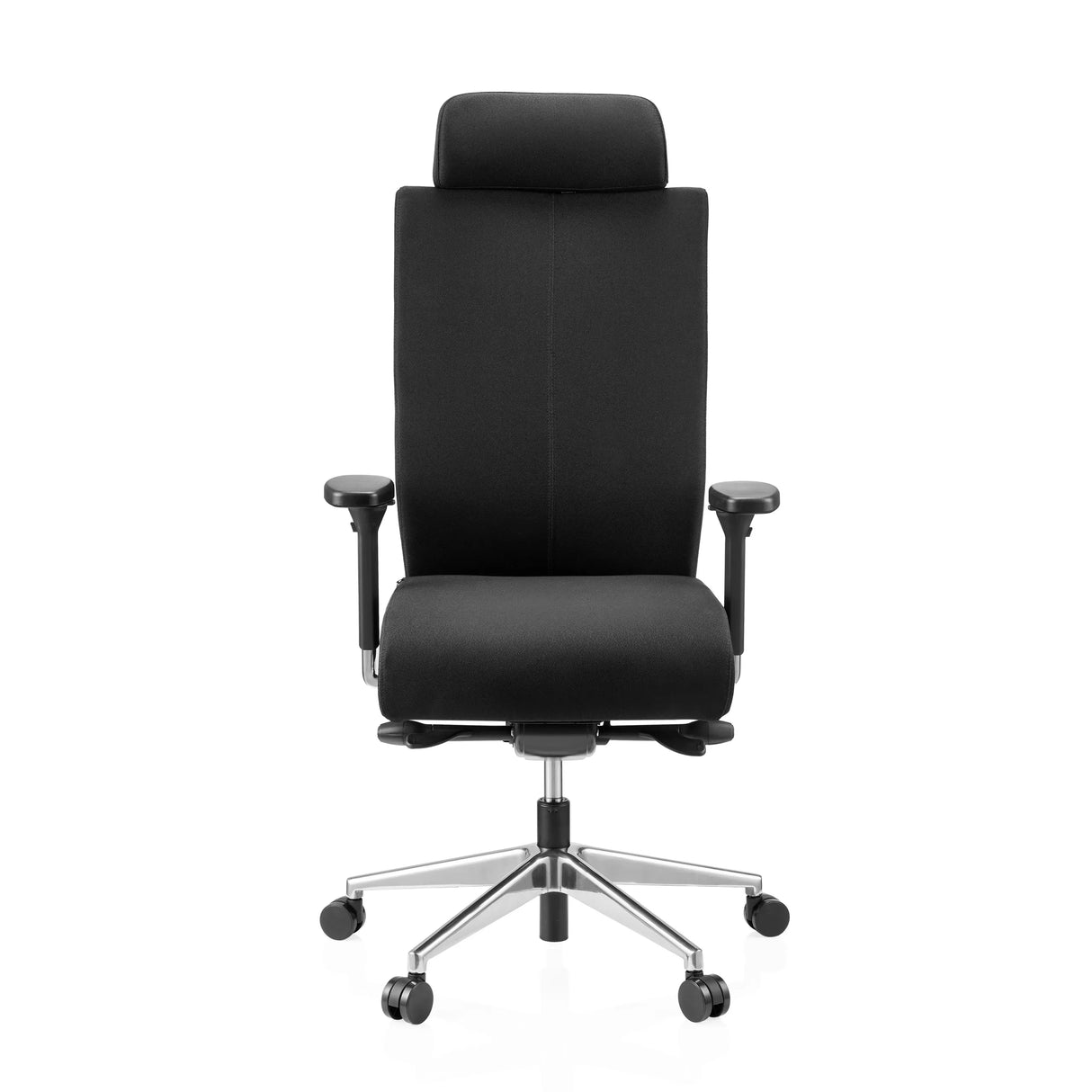 Schwarzer Profi-Bürostuhl PRO-TEC XXL mit Stoffbezug, Kopfstütze und Fußkreuz mit fünf Rollen von hjh OFFICE – 360-Grad-Ansicht (Frontansicht 0°)