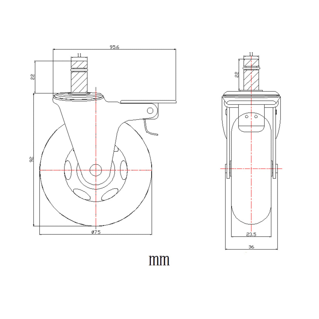 Technische Zeichnung einer Stuhlrolle 5x ROLO SKATE CT 11mm/75mm mit einem Durchmesser von 75 mm von hjh OFFICE