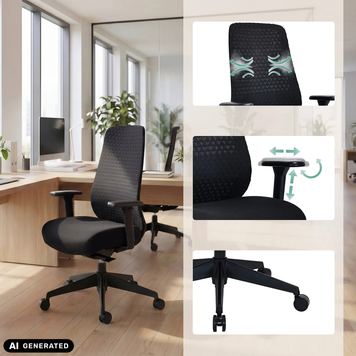 Profi-Bürostuhl Verviq in Schwarz mit verstellbaren Armlehnen und Fußkreuz von hjh OFFICE (KI-generiertes Bild)