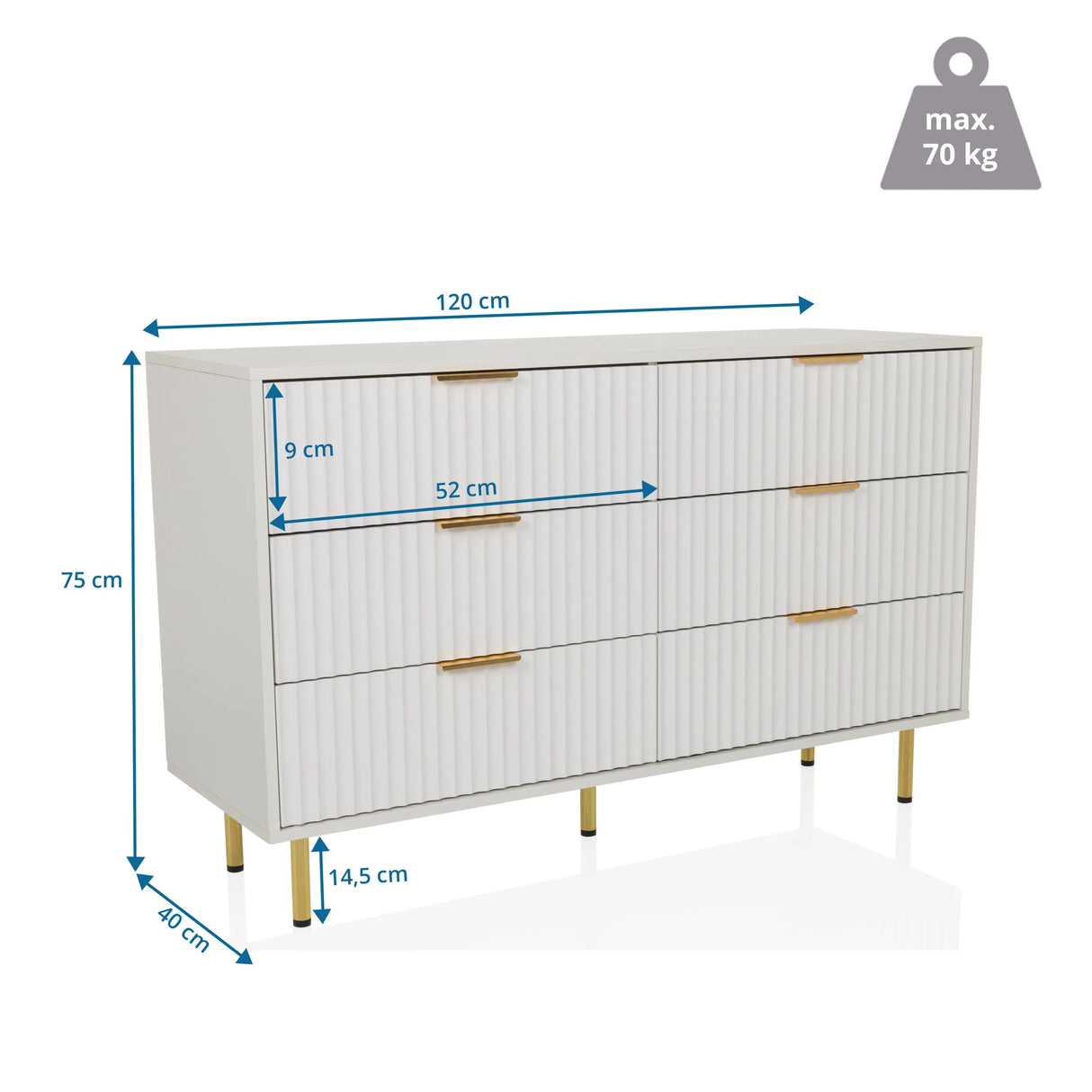 Maßzeichnung des Sideboards HJELLE mit einer Breite von 120 cm und einer Höhe von 75 cm von hjh LIVING