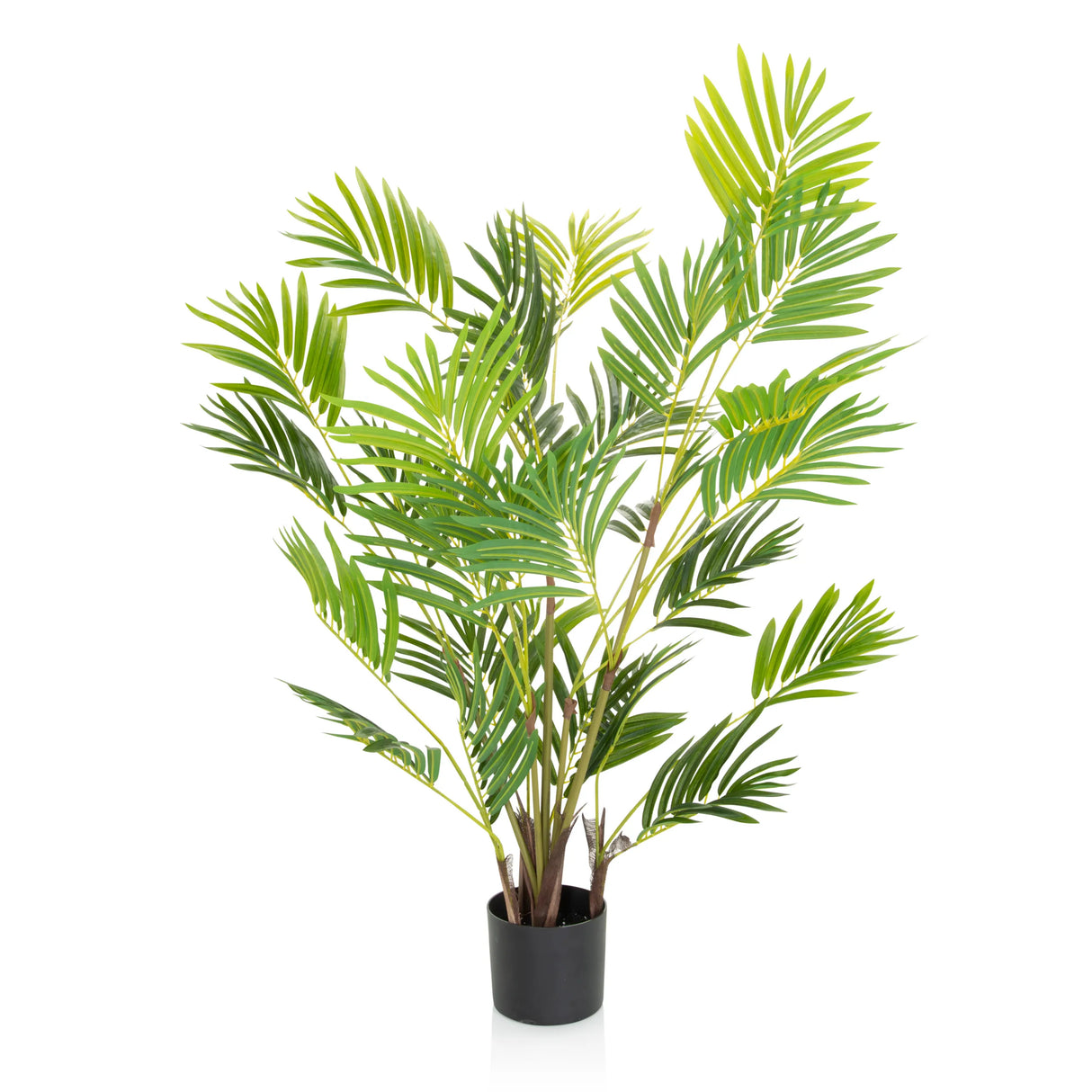 Grüne Kunstpflanze ARECA I mit palmenartigen Blättern in einem schwarzen Topf von hjh OFFICE – 360-Grad-Ansicht (Seitenprofil 90°)