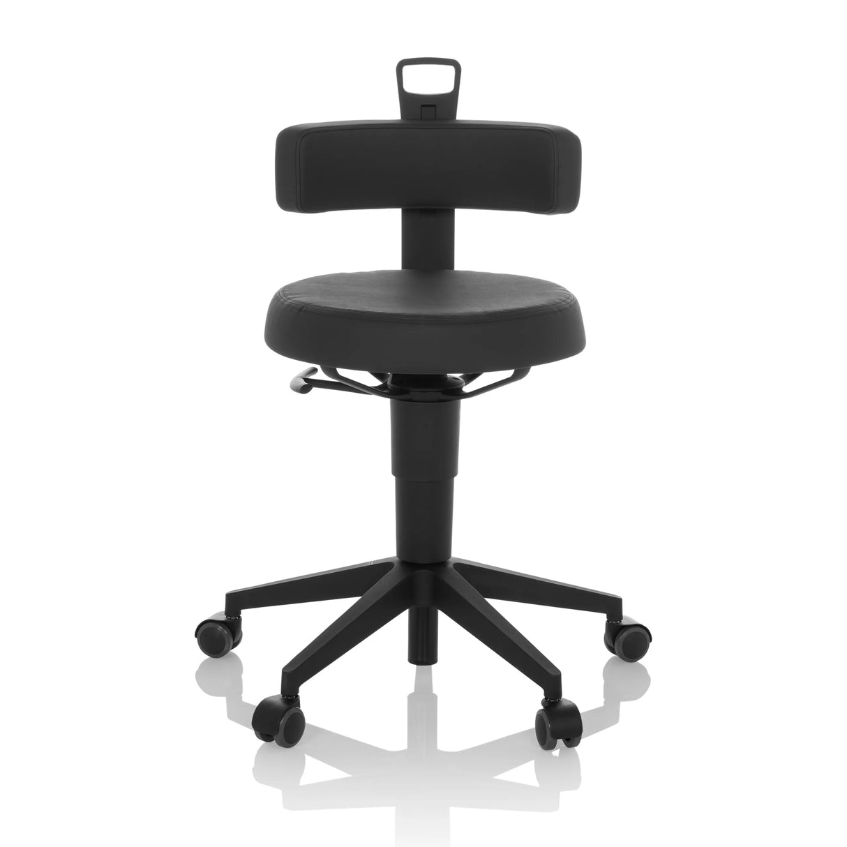 Schwarzer Drehhocker TOP WORK FLEX PU aus Kunstleder mit Rückenlehne und Fußkreuz mit fünf Rollen von hjh OFFICE – 360-Grad-Ansicht (Frontansicht 0°)