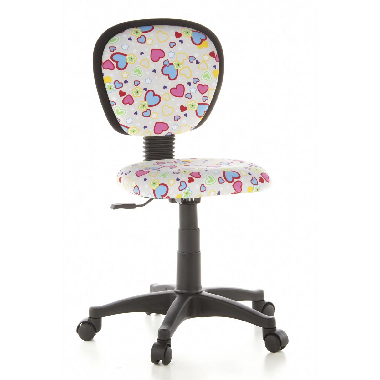 Kinderdrehstuhl KIDDY TOP mit buntem Herz- und Blumenmuster sowie Fußkreuz mit fünf Rollen von hjh OFFICE – 360-Grad-Ansicht (Frontansicht 20°)