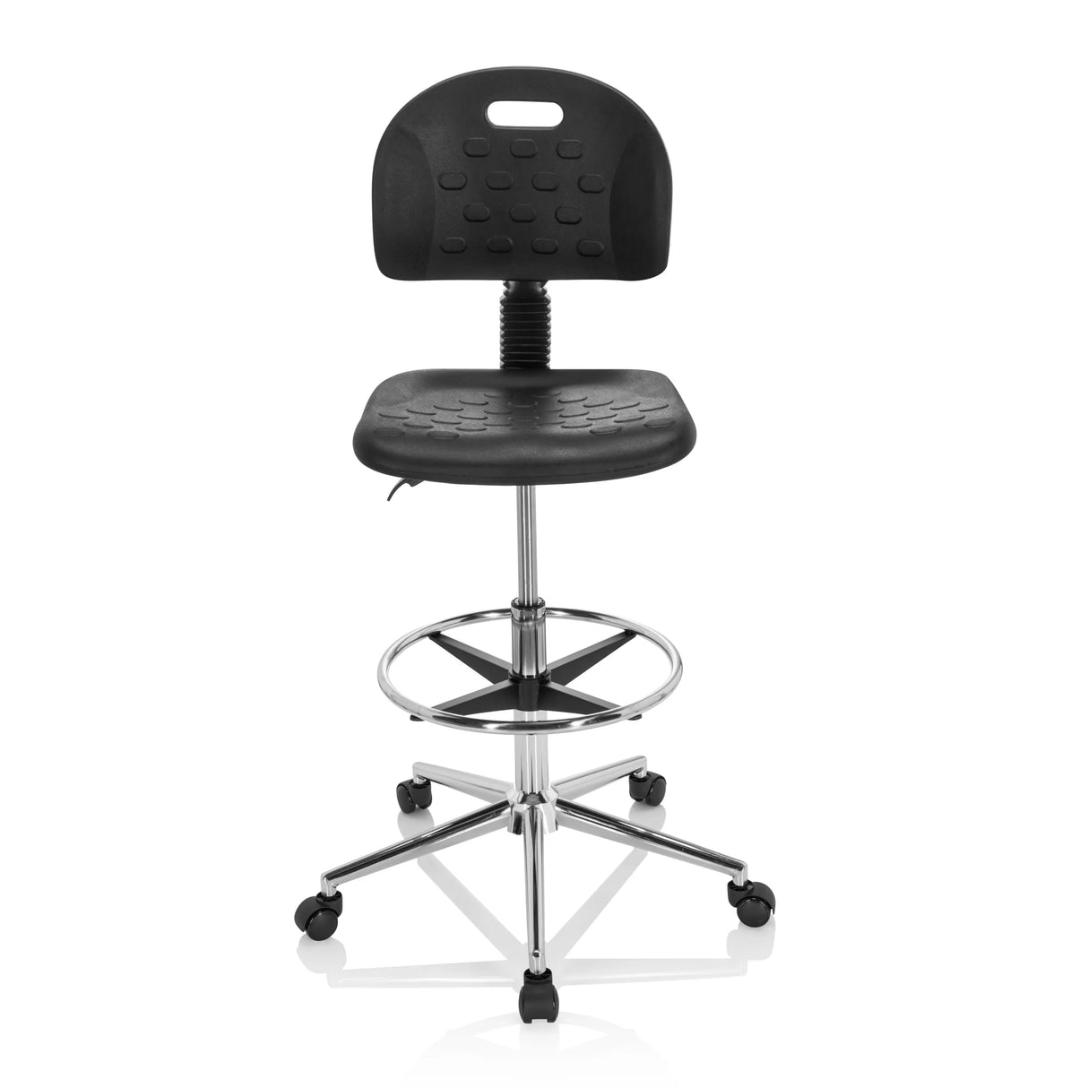Schwarzer Counterstuhl TOP WORK 23 I mit Fußring und Fußkreuz mit fünf Rollen von hjh OFFICE – 360-Grad-Ansicht (Frontansicht 0°)