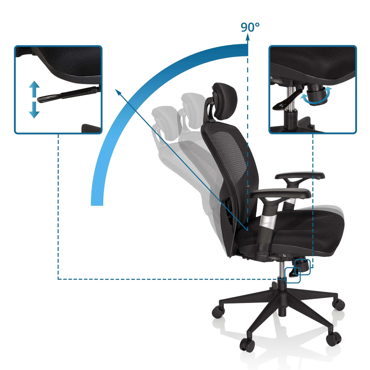 Verstellbare Rückenlehne mit 90°-Winkel des High-End-Bürostuhls VENUS BASE in Schwarz von hjh OFFICE