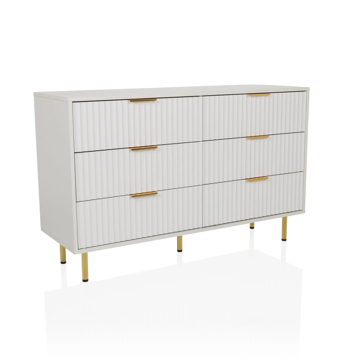 Weißes Sideboard HJELLE mit sechs Schubladen, geriffelten Fronten und goldenen Beinen von hjh LIVING – 360-Grad-Ansicht (schräge Frontansicht 30°)