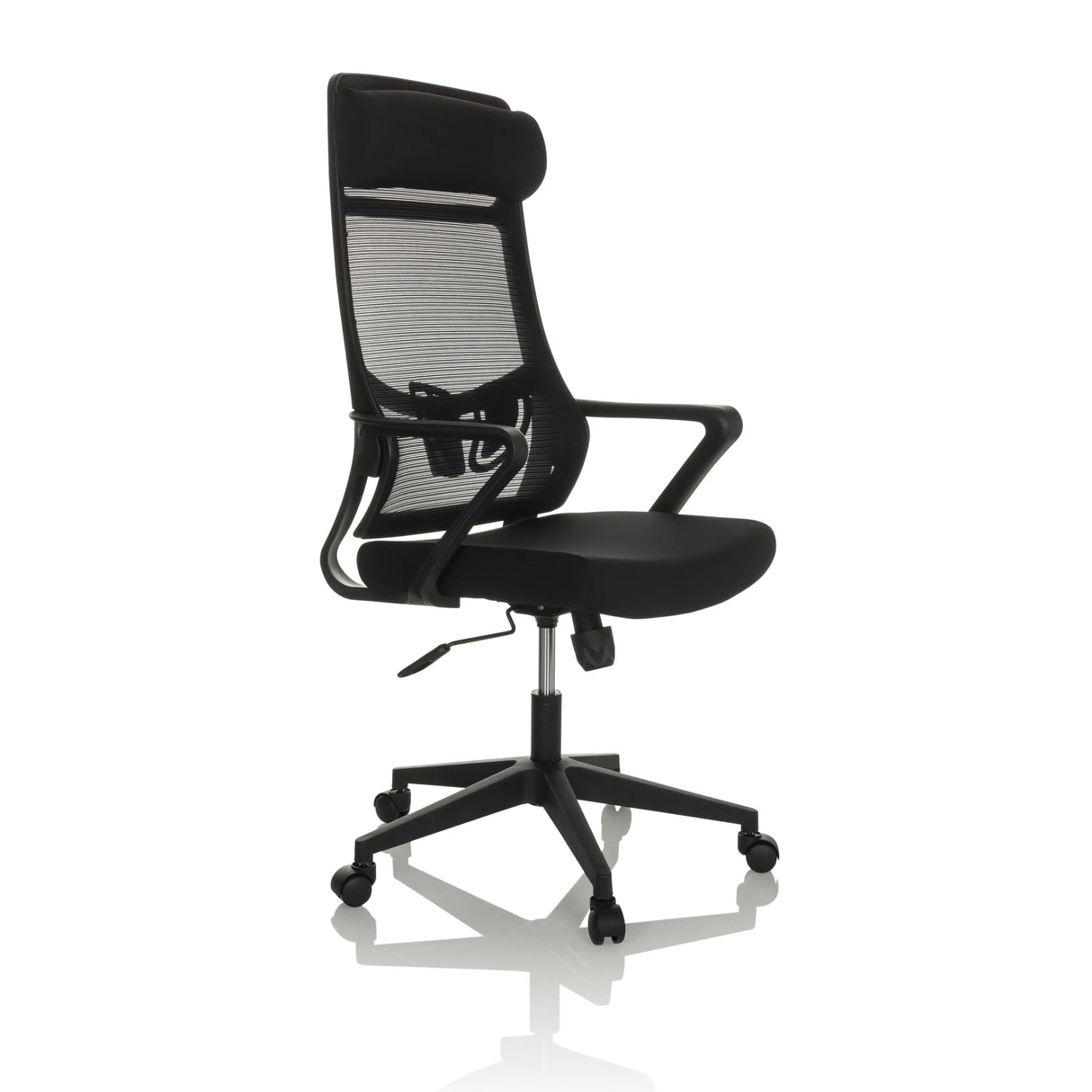 Schwarzer Homeoffice-Bürostuhl NEKEO mit Netzrücken und Fußkreuz mit fünf Rollen von hjh OFFICE – 360-Grad-Ansicht (schräge Frontansicht 45°)