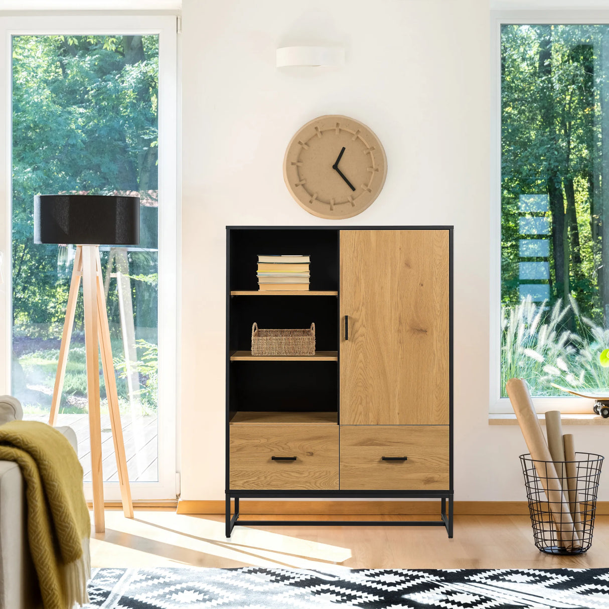 Büroschrank AMIO H in Schwarz und Eiche mit offenem Regal und geschlossenen Schranktüren von hjh LIVING