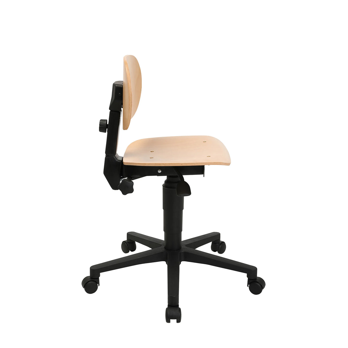 Drehhocker Tec 11 in Buche und Schwarz mit fünf Rollen und einer Rückenlehne von Topstar