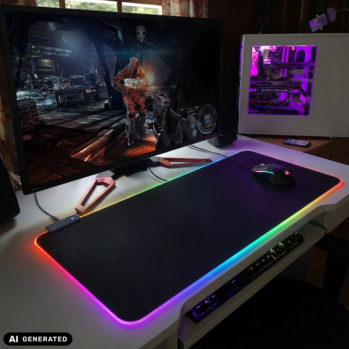 Schreibunterlage Padflux Game in Schwarz mit regenbogenfarbener RGB-Beleuchtung am Rand von hjh OFFICE (KI-generiertes Bild)