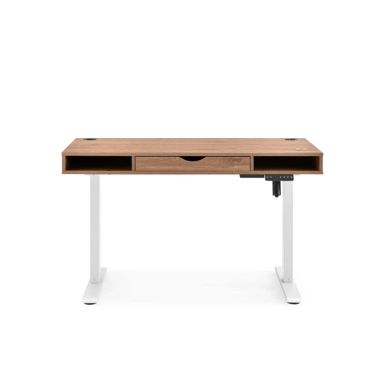 Elektrisch höhenverstellbarer Schreibtisch Worktime Style in Eiche und Weiß mit Schublade von hjh OFFICE – 360-Grad-Ansicht (Frontansicht 0°)