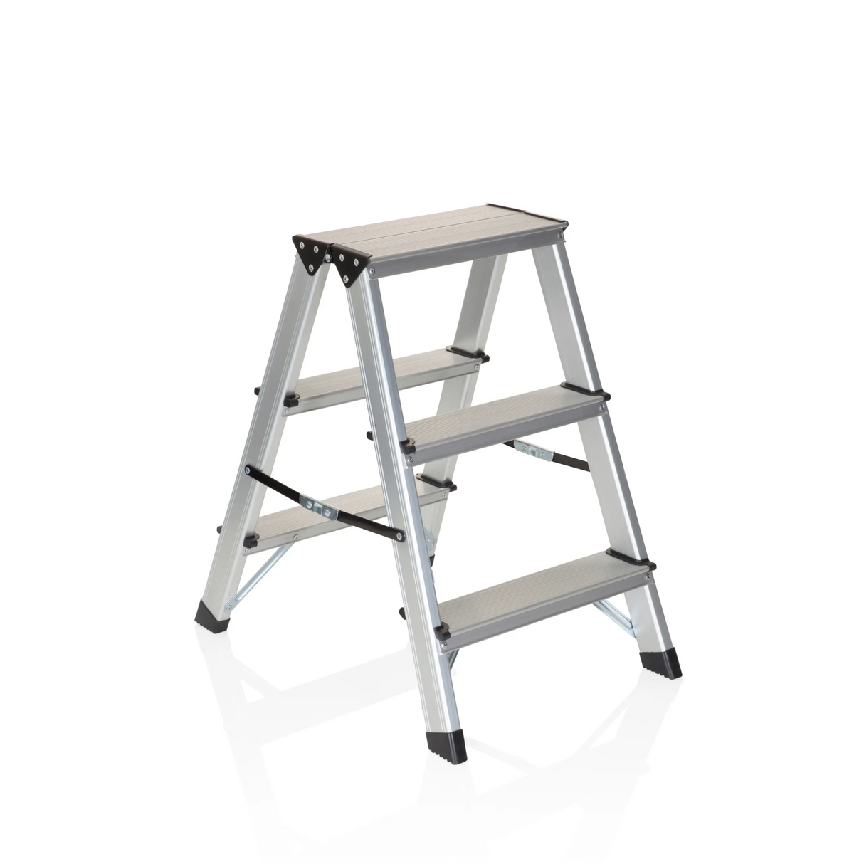 Silberne Klappleiter SOLID aus Aluminium mit drei Stufen von hjh OFFICE – 360-Grad-Ansicht (schräge Frontansicht 40°)