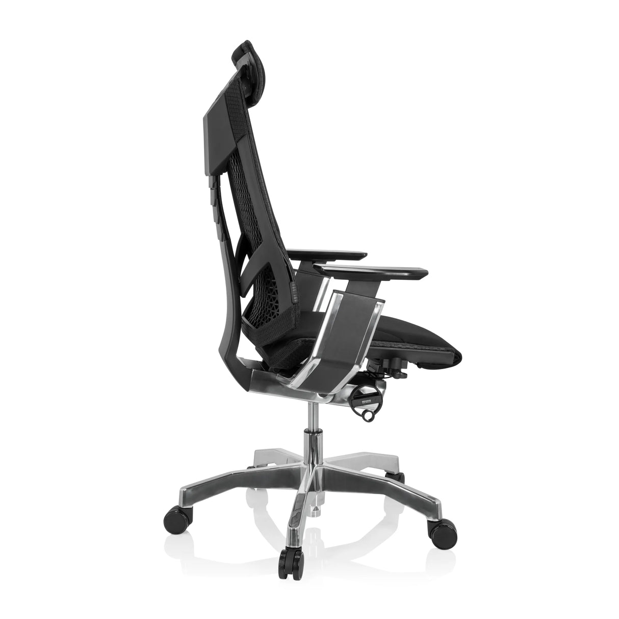 Schwarzer High-End-Bürostuhl GENIDIA PRO mit Stoffbezug und Fußkreuz mit fünf Rollen von hjh OFFICE – 360-Grad-Ansicht (Seitenprofil 100°)