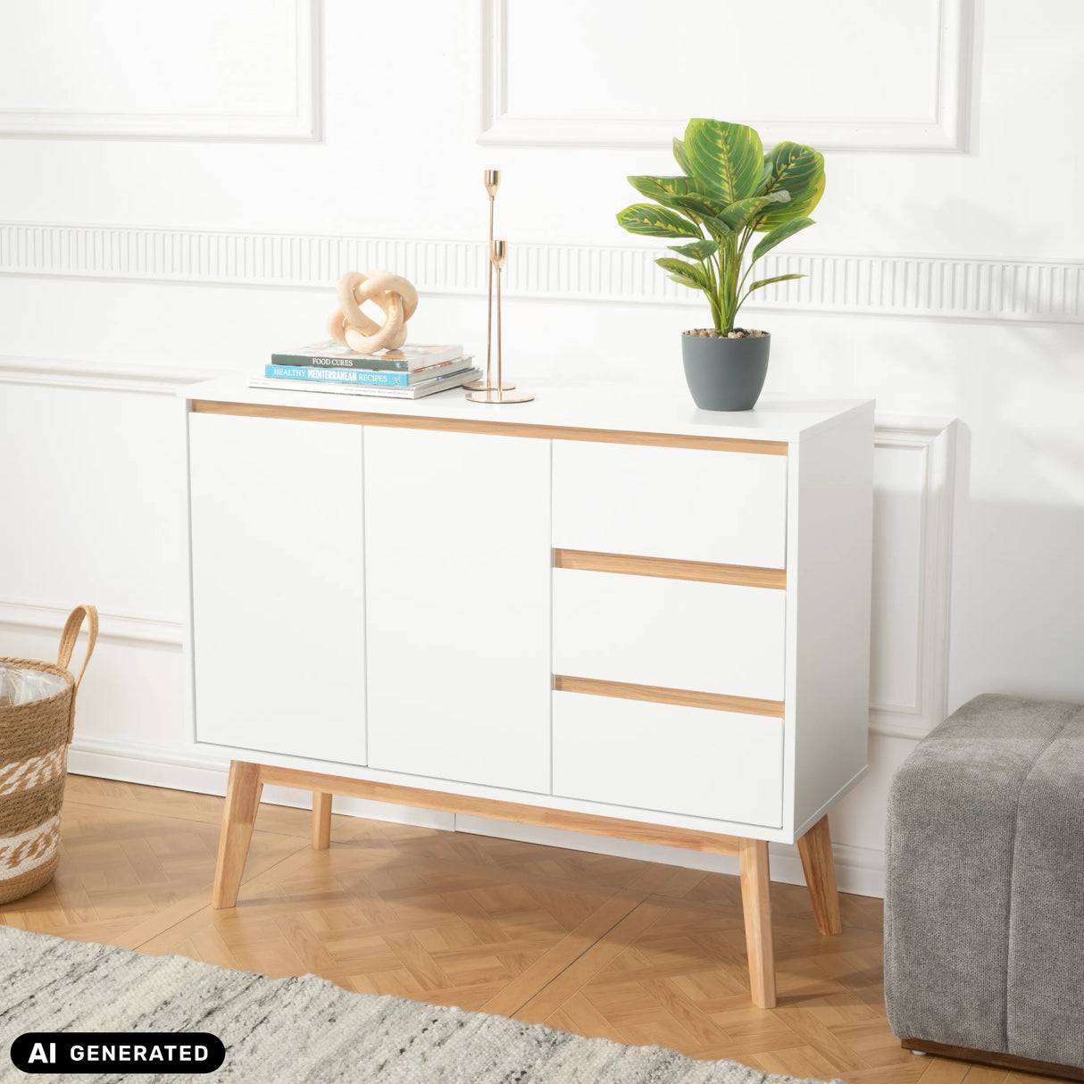 Weißes Sideboard TAROLO I mit drei Schubladen und zwei Türen auf Holzbeinen von hjh LIVING (KI-generiertes Bild)