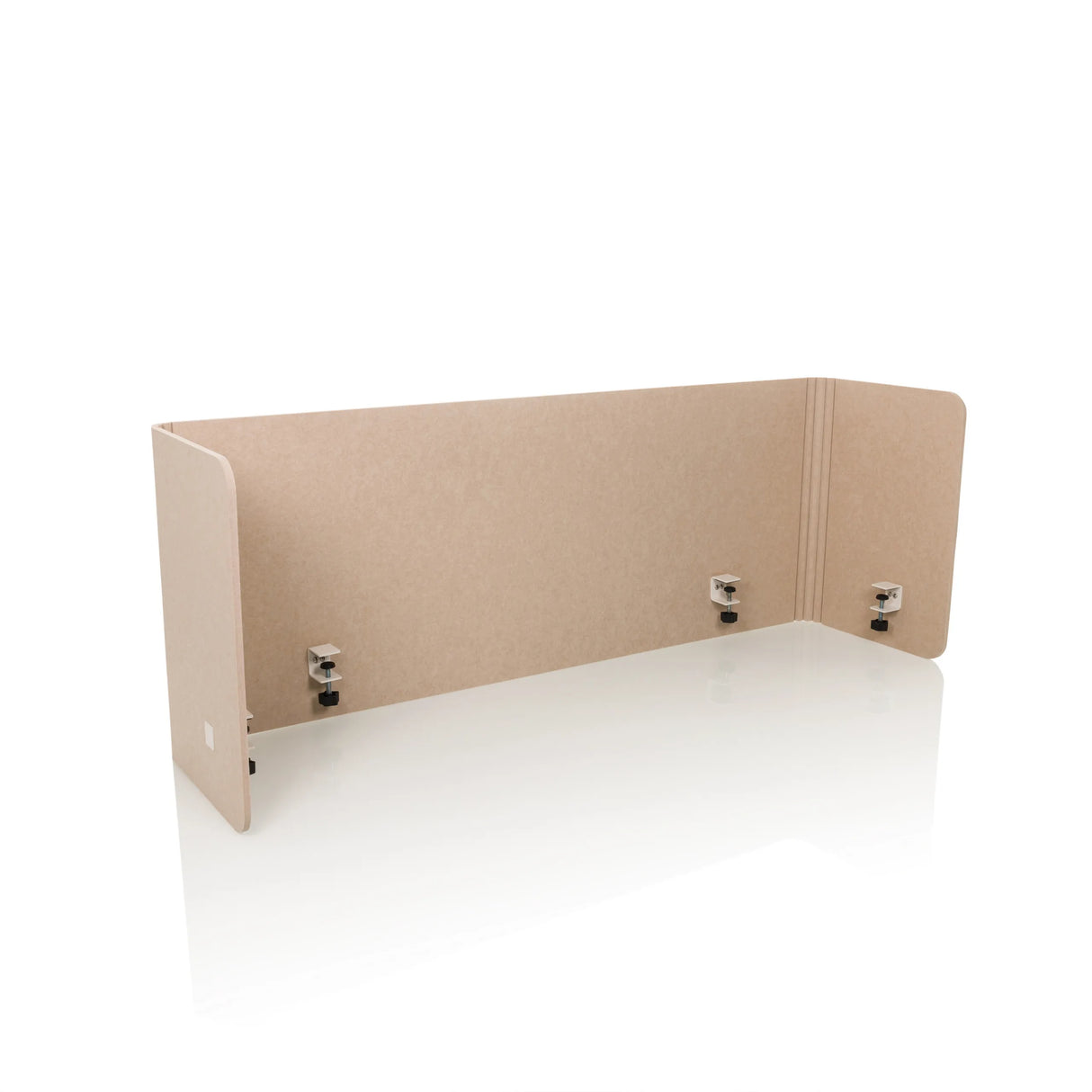 Beige Tischtrennwand FLEXMIUT U mit seitlichen Flügeln und vier Befestigungsklammern von hjh OFFICE – 360-Grad-Ansicht (schräge Frontansicht 30°)