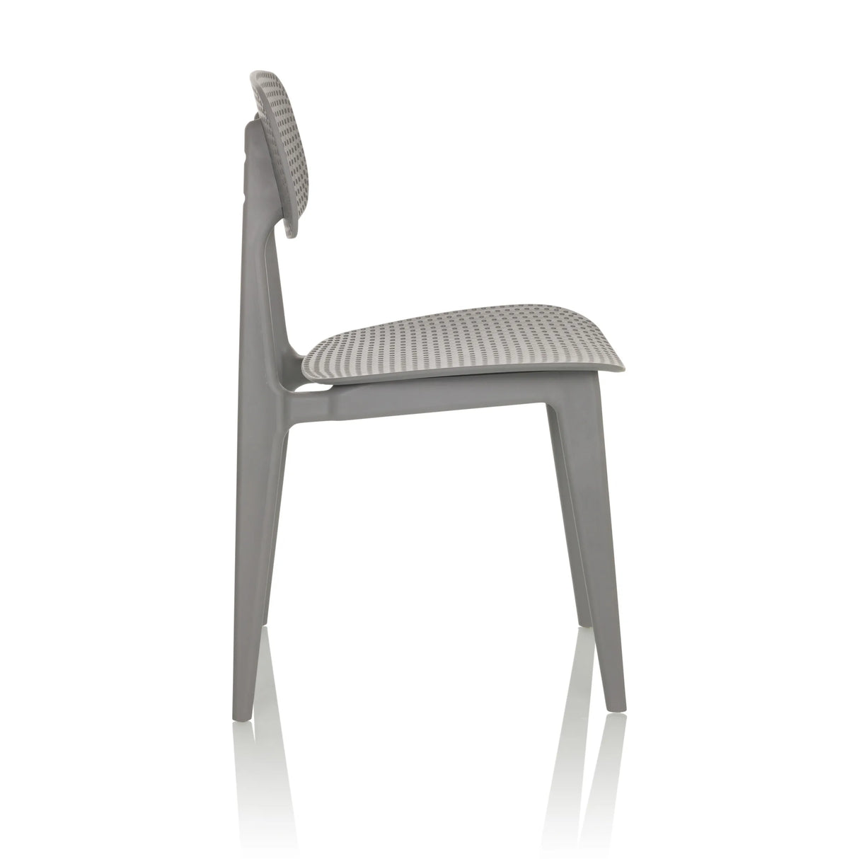 Grauer Outdoor-Stuhl ARTIFO HOL mit perforierter Rückenlehne und Sitzfläche von hjh OFFICE – 360-Grad-Ansicht (Seitenprofil 90°)