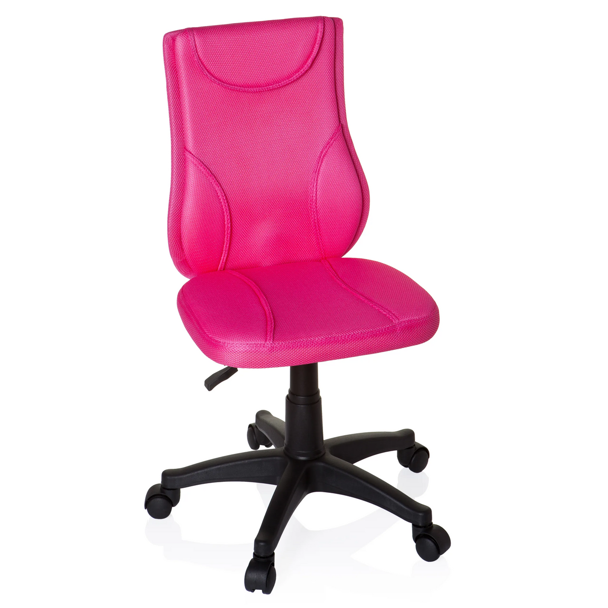 Pinker Kinderdrehstuhl KIDDY BASE mit Netzrücken und schwarzem Fußkreuz mit fünf Rollen von hjh OFFICE – 360-Grad-Ansicht (Frontansicht 20°)