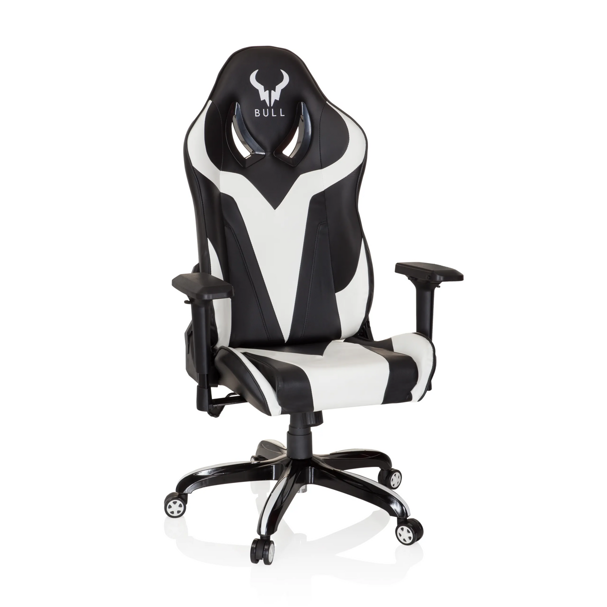 Schwarz-weißer Gamingstuhl PROMOTER I mit Armlehnen und Fußkreuz mit fünf Rollen von hjh OFFICE – 360-Grad-Ansicht (Frontansicht 20°)