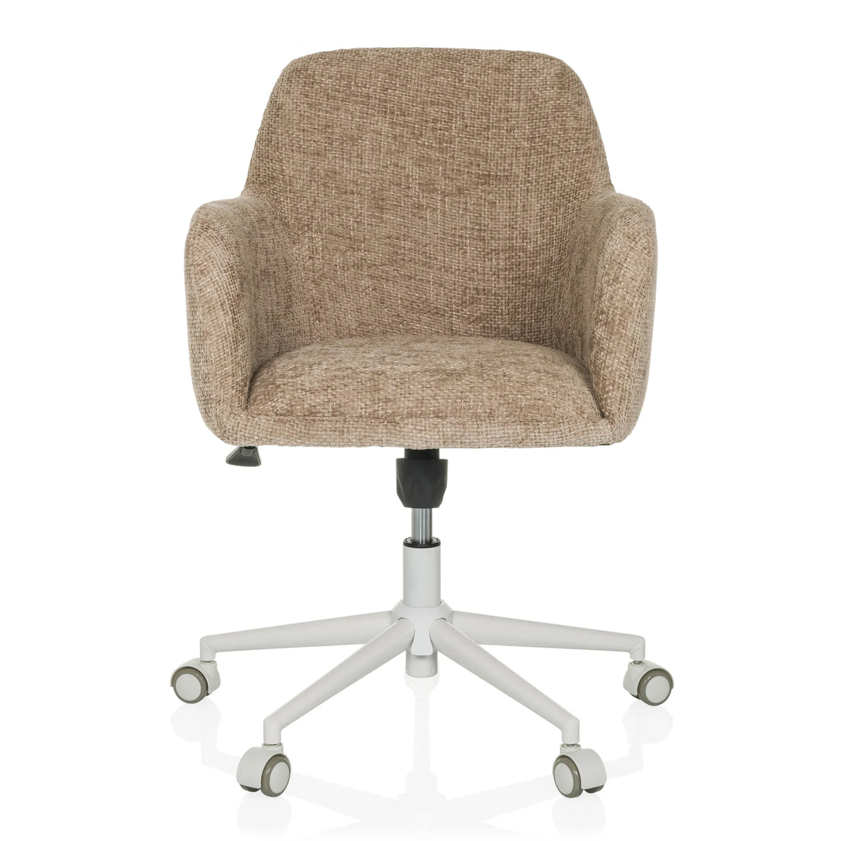 Beiger Homeoffice-Bürostuhl SOLAO HOME mit Stoffbezug und weißem Fußkreuz mit fünf Rollen von hjh LIVING – 360-Grad-Ansicht (Frontansicht 0°)