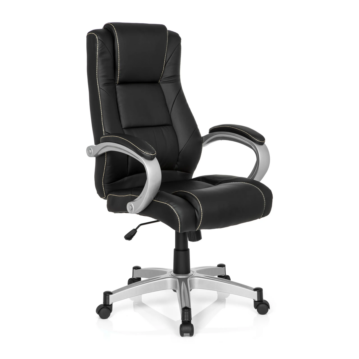 Schwarzer Gamingstuhl RELAX CL180 mit Polsterung und Fußkreuz mit fünf Rollen von MyBuero – 360-Grad-Ansicht (schräge Frontansicht 40°)