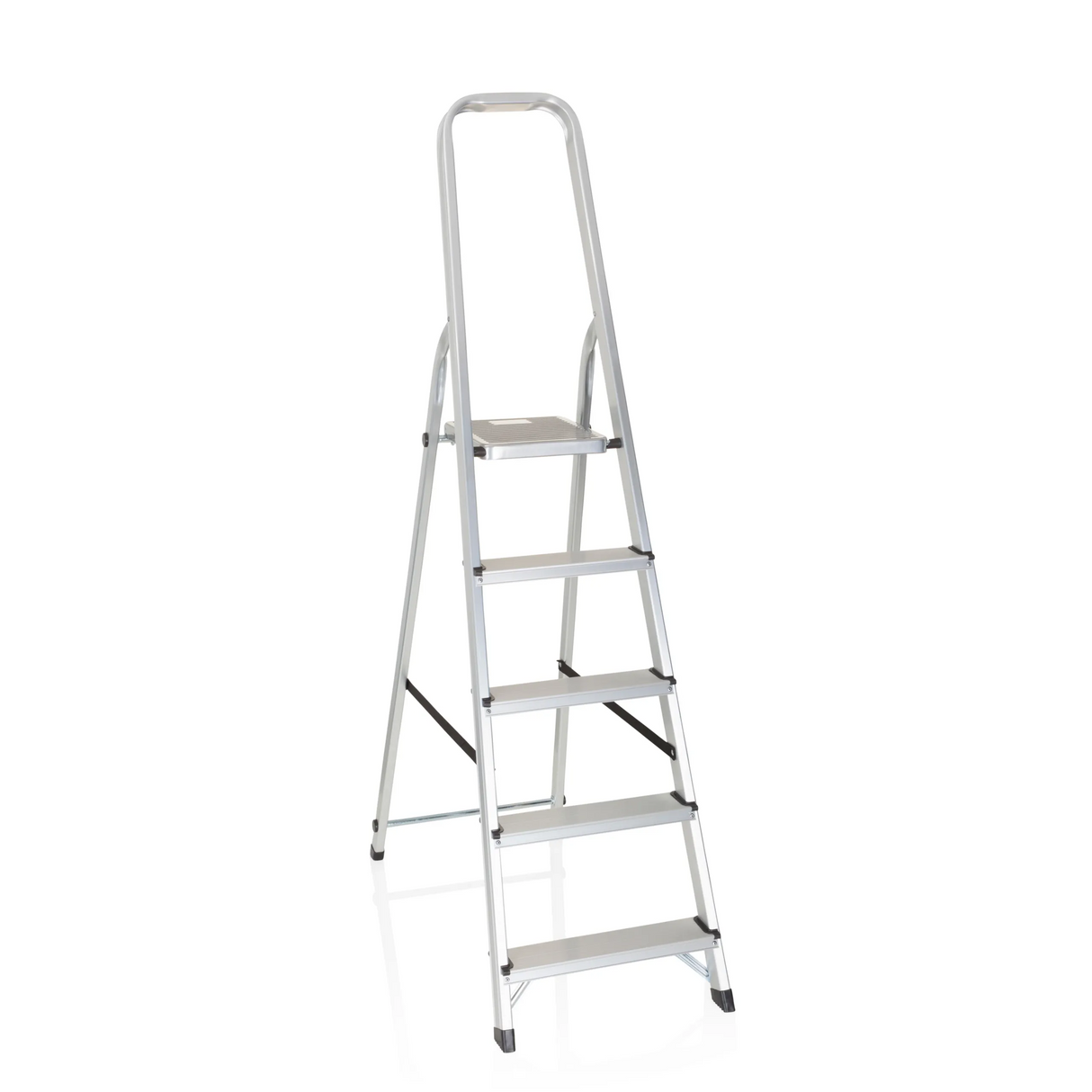 Silberne Klappleiter SOLID III aus Aluminium mit fünf Stufen und Handgriff von hjh OFFICE – 360-Grad-Ansicht (Frontansicht 20°)
