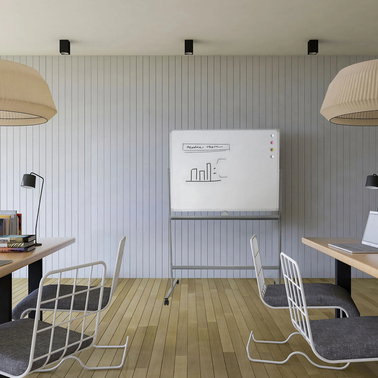 Whiteboard MULTIBOARD I in Weiß und Silber auf einem Gestell mit Rollen in einem modernen Büroraum von hjh OFFICE