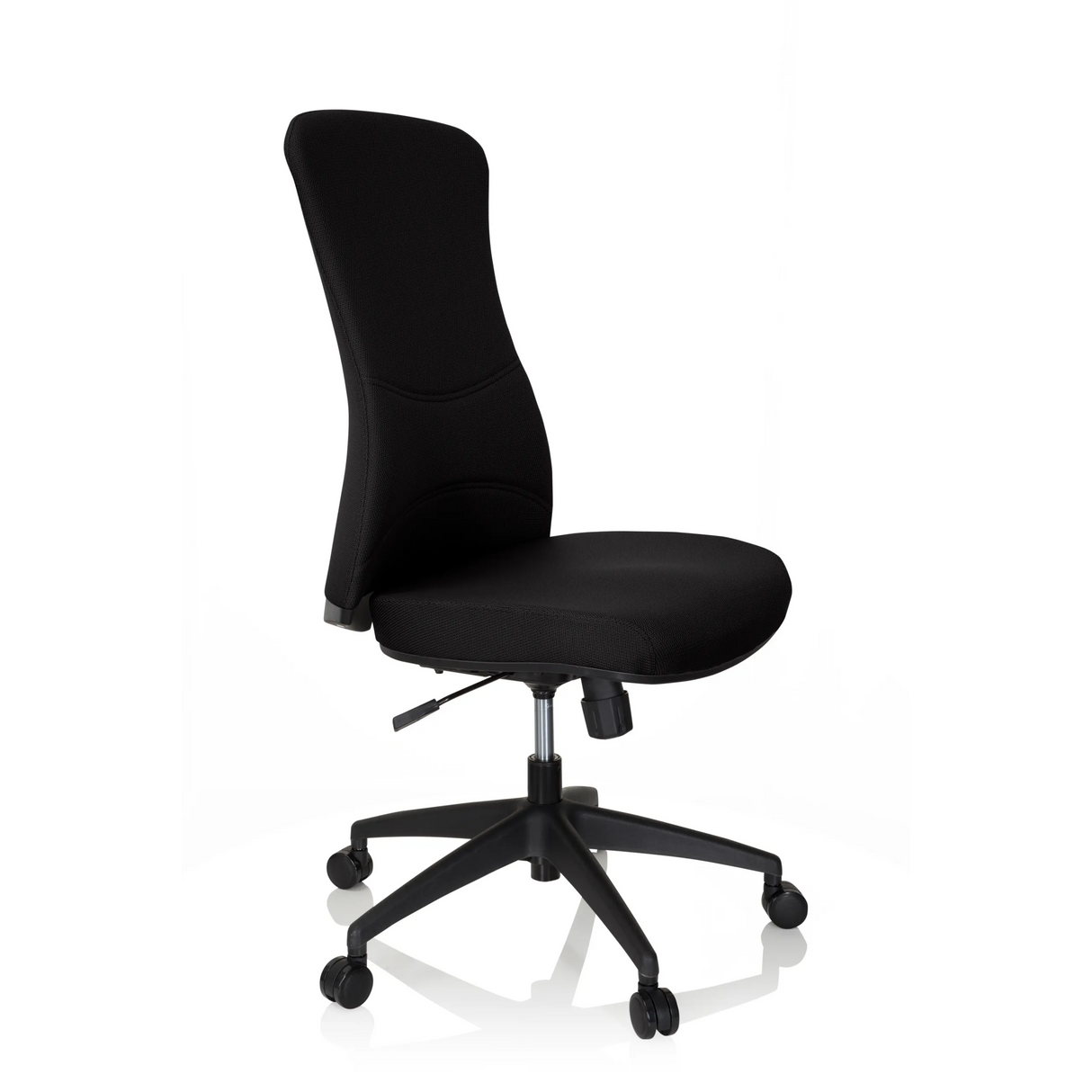 Schwarzer Profi-Bürostuhl OFFICE XT mit Fußkreuz und fünf Rollen von hjh OFFICE – 360-Grad-Ansicht (schräge Frontansicht 60°)