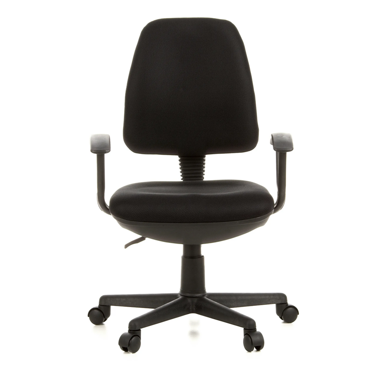 Schwarzer Homeoffice-Bürostuhl CITY 10 mit Netzrücken, Armlehnen und Fußkreuz mit fünf Rollen von hjh OFFICE – 360-Grad-Ansicht (Frontansicht 0°)