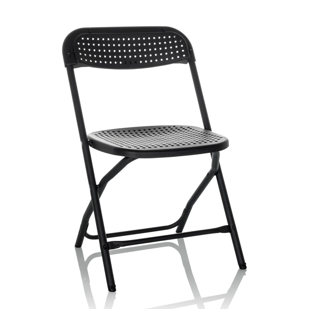 Schwarzer Outdoor-Stuhl TUDELA XXL PRO mit perforierter Sitz- und Rückenfläche von hjh OFFICE – 360-Grad-Ansicht (Frontansicht 15°)