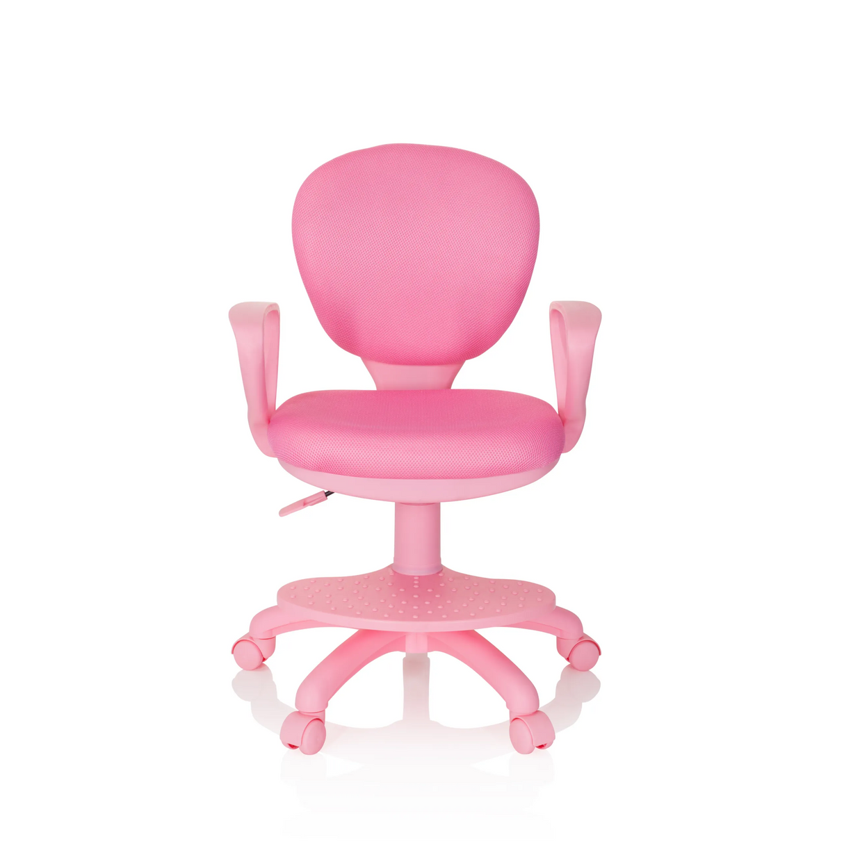 Rosa Kinderdrehstuhl KID COLOUR mit Armlehnen und Fußkreuz mit fünf Rollen von hjh OFFICE – 360-Grad-Ansicht (Frontansicht 0°)