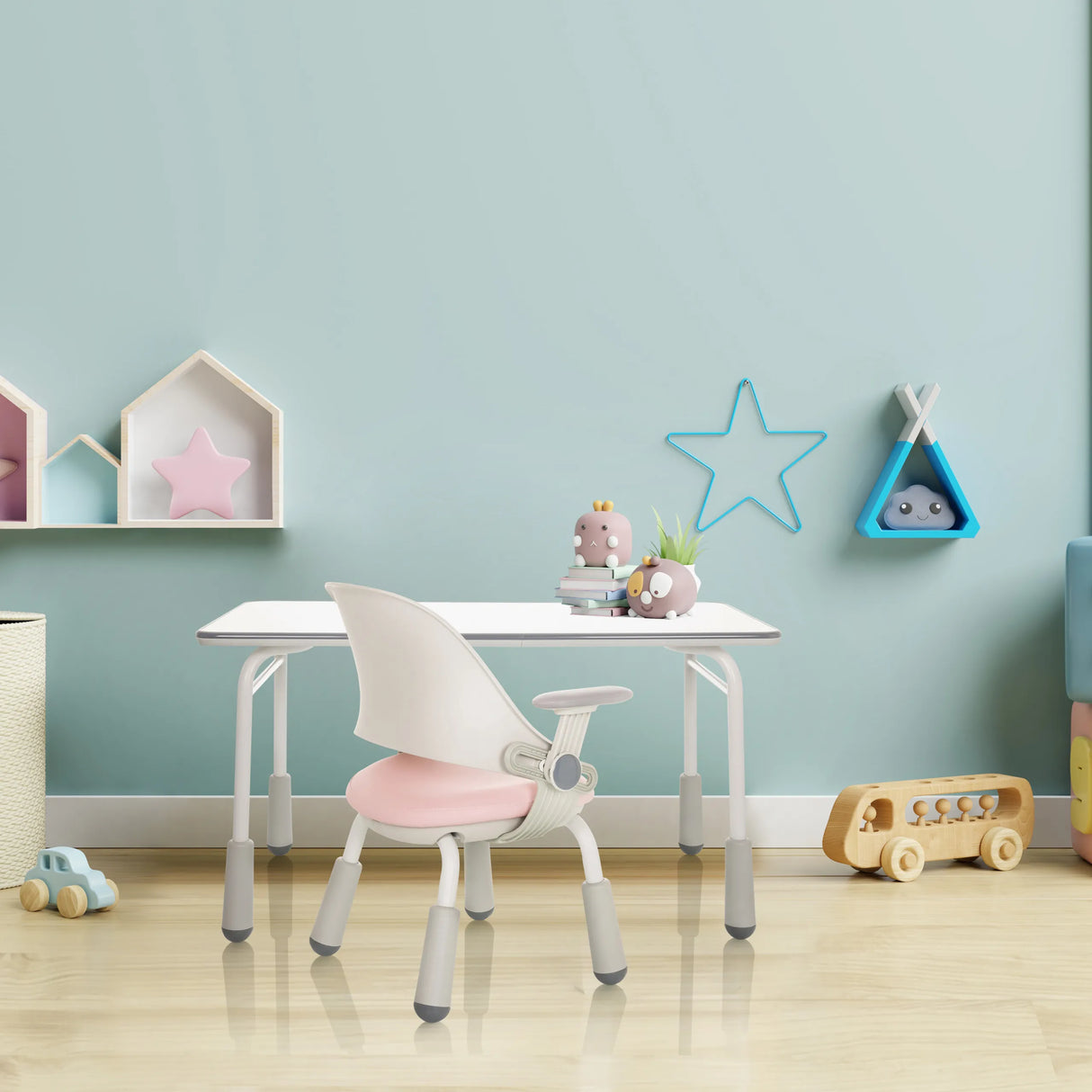 Kinderstuhl KID GRO SET in Rosa mit weißem Schreibtisch in einem Kinderzimmer von hjh OFFICE