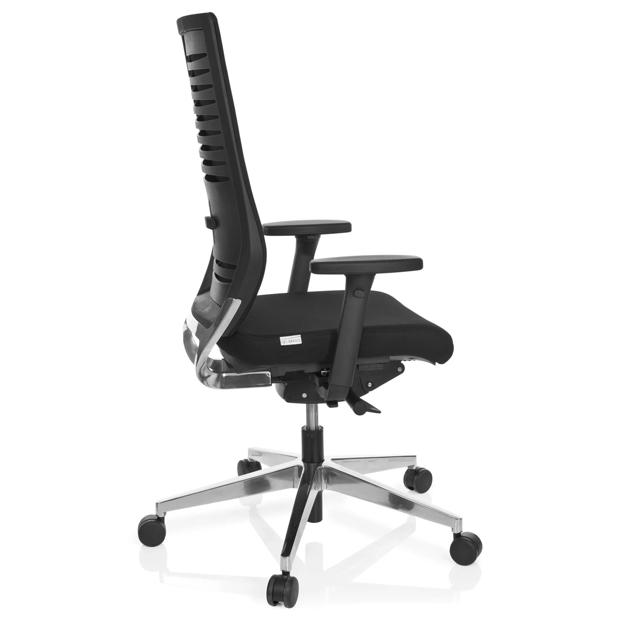 Schwarzer Profi-Bürostuhl PRO-TEC 700 mit Armlehnen und glänzendem Fußkreuz mit fünf Rollen von hjh OFFICE – 360-Grad-Ansicht (Seitenprofil 100°)
