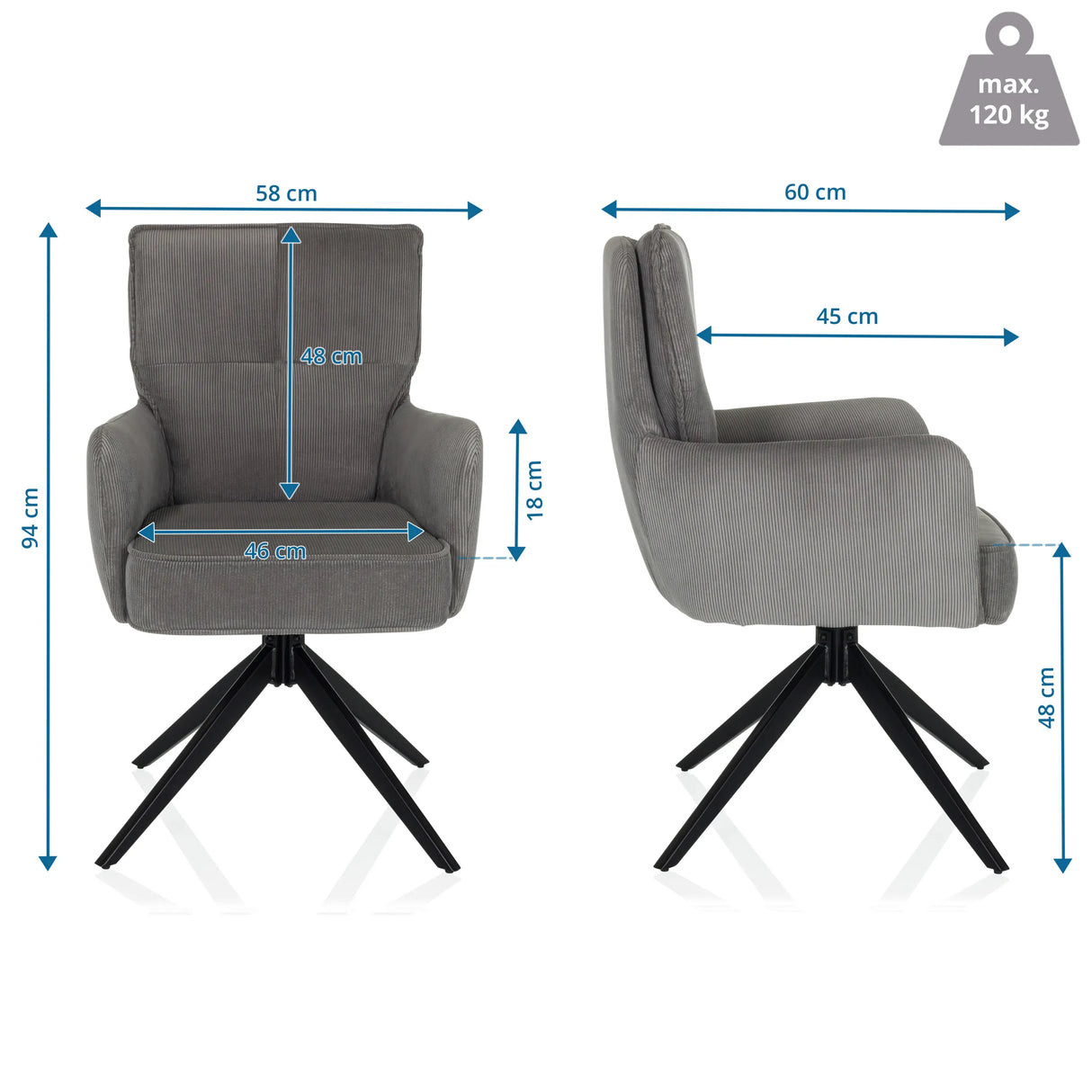 Maßzeichnung des Polsterstuhls TARUGO mit einer Höhe von 94 cm und einer Breite von 58 cm von hjh LIVING