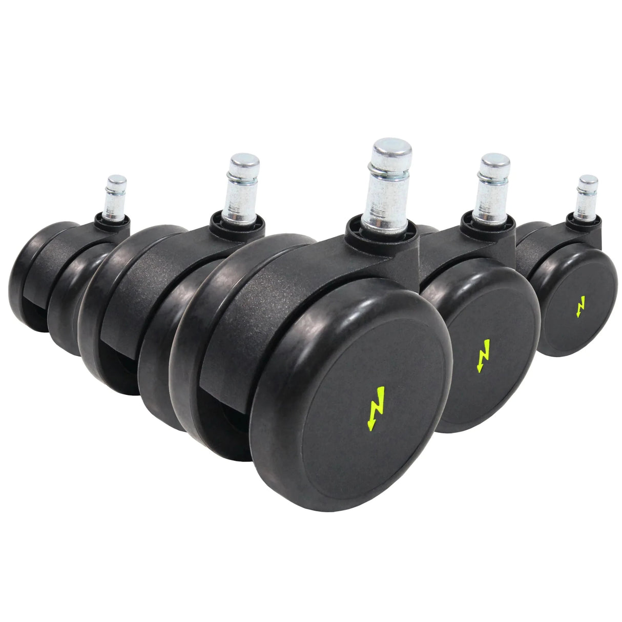 Fünf schwarze Stuhlrollen 5x ROLO ESD 11mm/65mm für Hartböden mit silberfarbenen Metallstiften von hjh OFFICE