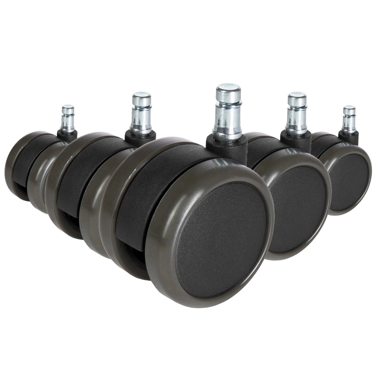 Fünf schwarze Stuhlrollen 5x ROLO FREE 10mm/65mm für Hartböden mit silberfarbenen Metallstiften von hjh OFFICE