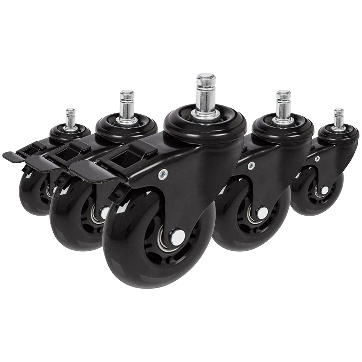 Fünf schwarze Stuhlrollen 5x ROLO SKATE S 11mm/75mm mit Feststellbremsen für Hartböden von hjh OFFICE