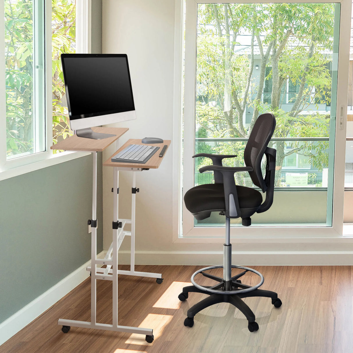 Stehschreibtisch WORKSTATION I in Weiß und Eiche mit zwei Arbeitsebenen auf Rollen von hjh OFFICE