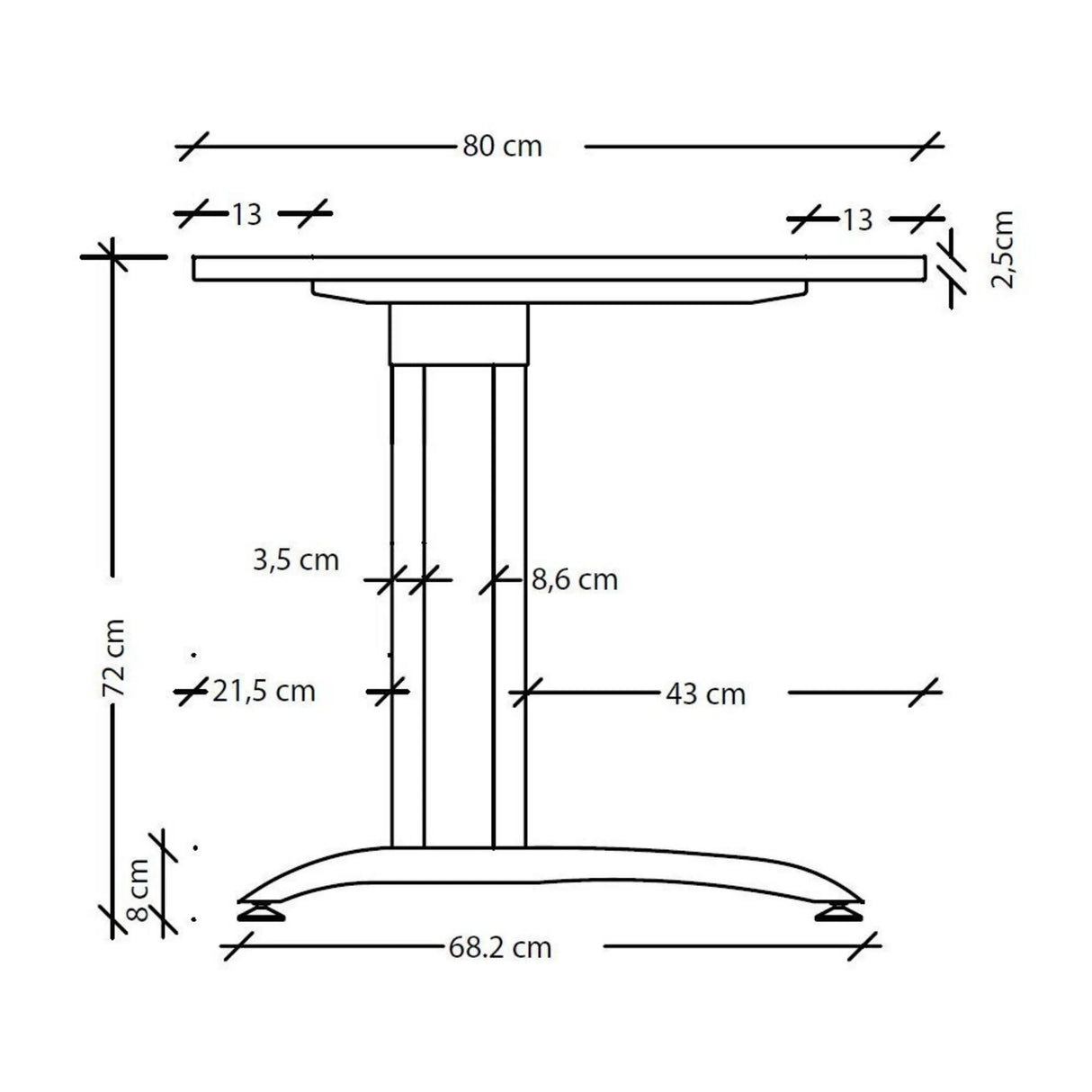 Maßzeichnung des Schreibtisches BELA 12 S mit einer Breite von 80 cm und einer Höhe von 72 cm von hjh OFFICE PRO