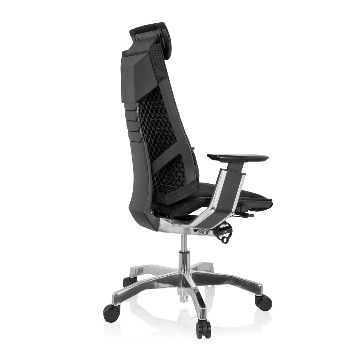 Schwarzer High-End-Bürostuhl GENIDIA PRO mit Stoffbezug und Fußkreuz mit fünf Rollen von hjh OFFICE – 360-Grad-Ansicht (schräge Rückenansicht 120°)