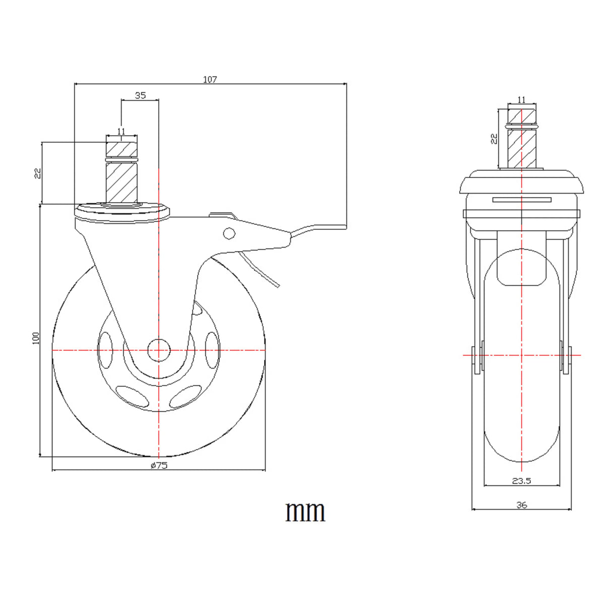 Technische Zeichnung der Stuhlrolle 5x ROLO SKATE S 11mm/75mm mit einem Durchmesser von 75 mm von hjh OFFICE