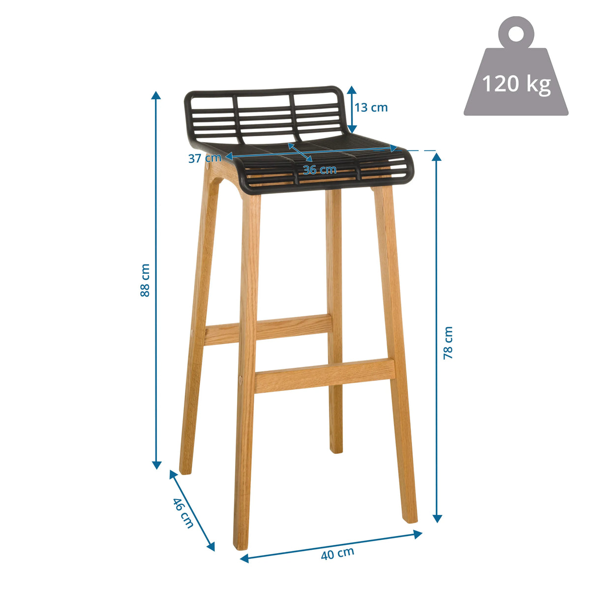 Maßzeichnung des Barhockers LONSO W mit einer Höhe von 88 cm und einer Belastbarkeit von 120 kg von hjh OFFICE