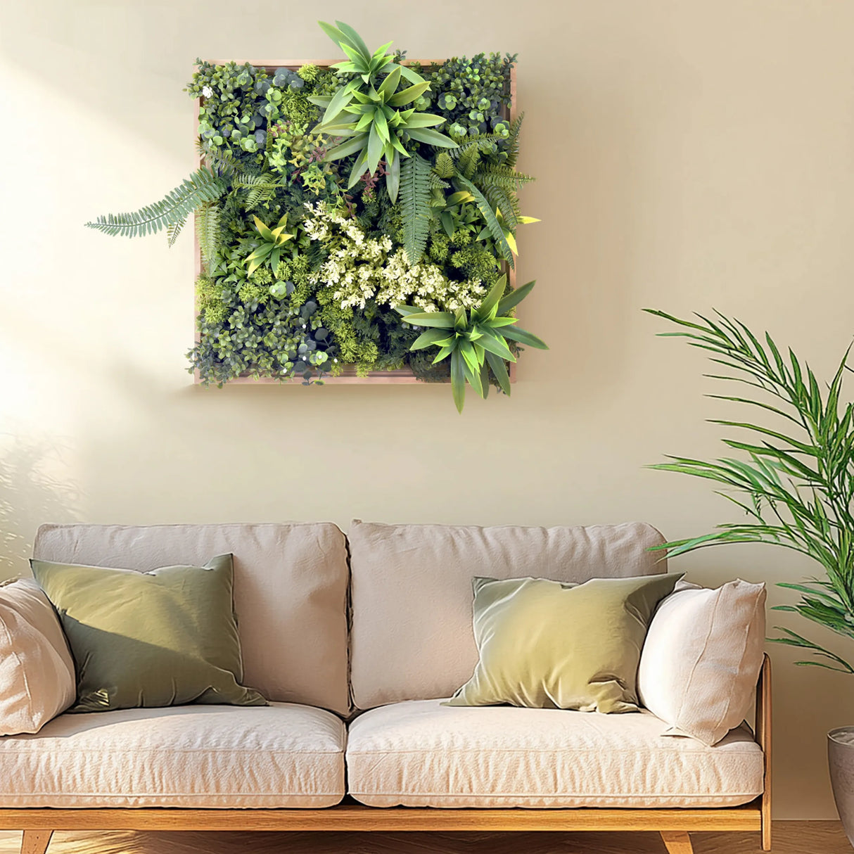 Grüne Pflanzenmatte LEAFLUXE WALL 1 als quadratisches Wandbild über einem Sofa von hjh LIVING