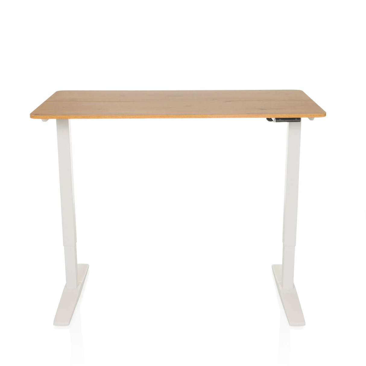 Elektrisch höhenverstellbarer Schreibtisch STAND BASIC in Weiß und Eiche mit T-Fußgestell von hjh OFFICE – 360-Grad-Ansicht (Frontansicht 0°)