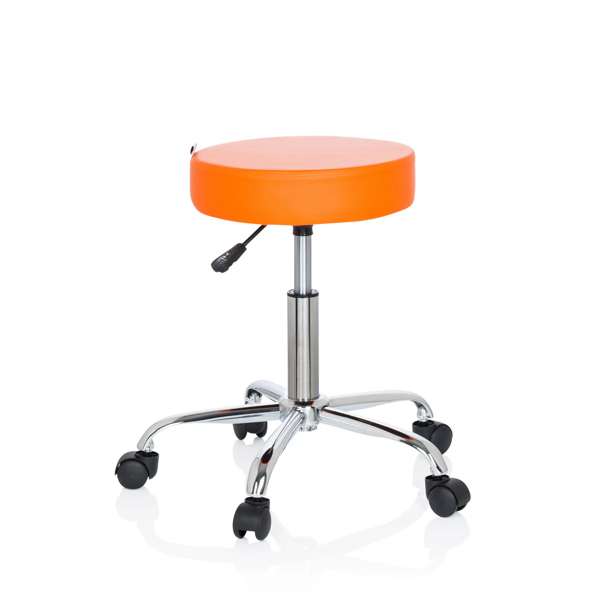 Oranger Drehhocker OPERATOR II mit Gasfeder und Fußkreuz mit fünf Rollen von hjh OFFICE – 360-Grad-Ansicht (Frontansicht 20°)