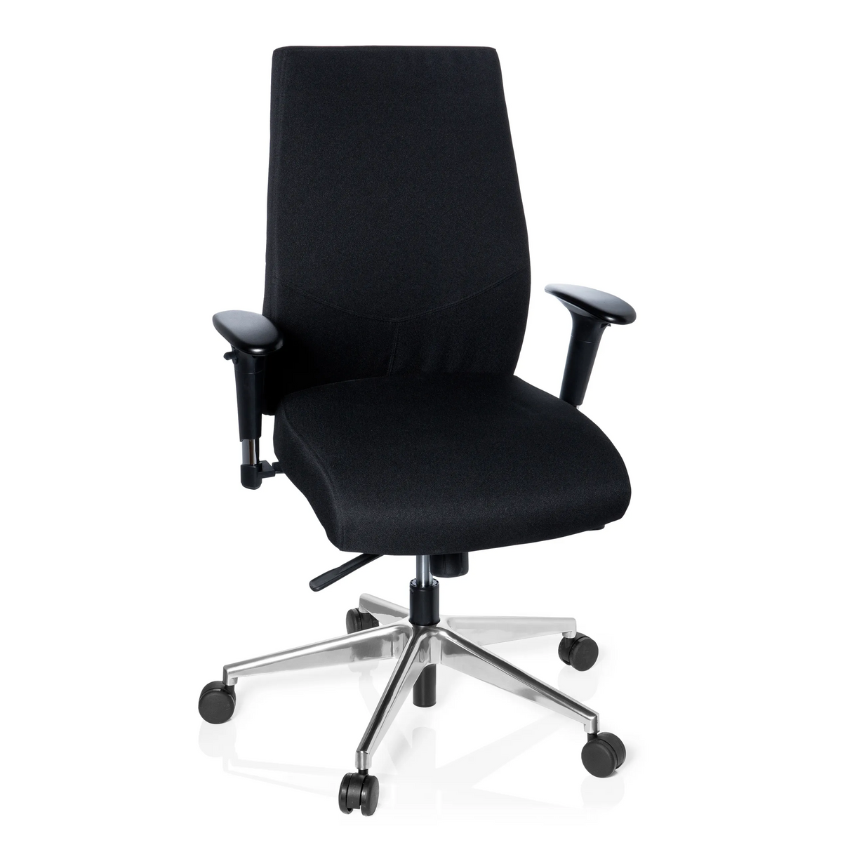 Schwarzer Profi-Bürostuhl PRO-TEC 250 mit Armlehnen und Fußkreuz mit fünf Rollen von hjh OFFICE – 360-Grad-Ansicht (Frontansicht 20°)